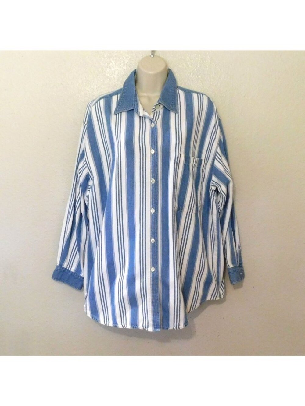 Faded Glory Shirt Womens 18W Blue White Striped Button-Up Long Sleeve Cotton